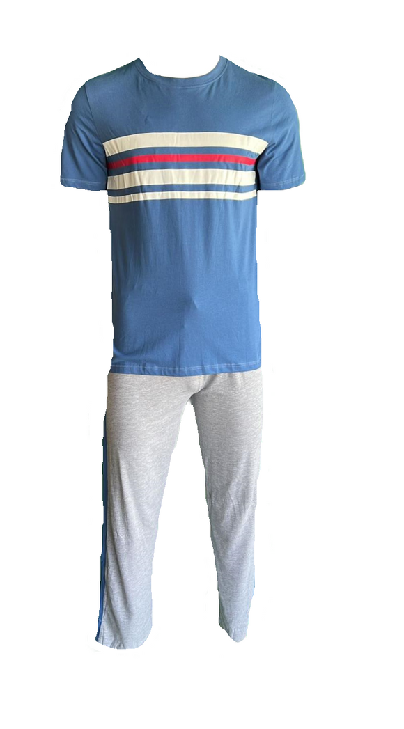 Herren Pyjama/Schlafanzug bedruckt Blau/Grau Gr. M