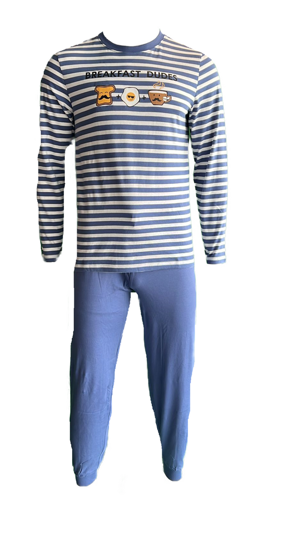 Herren Pyjama Schlafanzug Langarm Blau/Weiß Gr. M