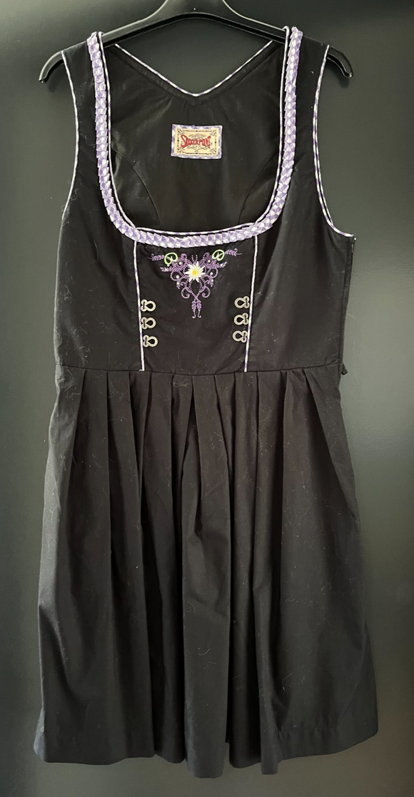 Damen Trachten Dirndl ärmellos Schwarz, Lila gemustert Gr. 40 v. Stockerpoint