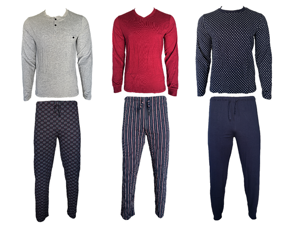 Herren Pyjama Set 2-Teilig Langarm Grau Rot Navy Baumwolle Gr. M L XL 2XL