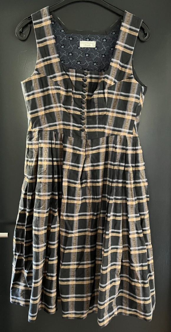 Damen Trachten Dirndl ärmellos blau braun gemustert Gr. 40/42