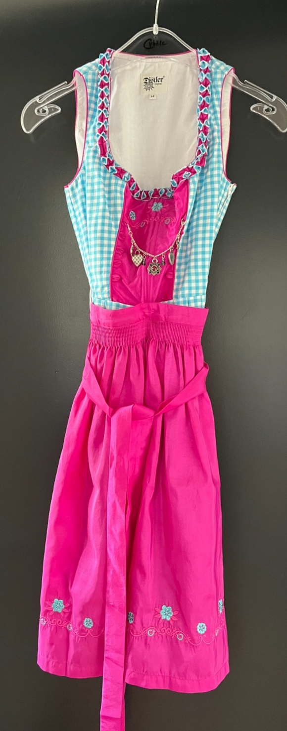 Damen Trachten Dirndl ärmellos blau-weiß rosa mit Schürze ca. Gr. 34 v. Distler