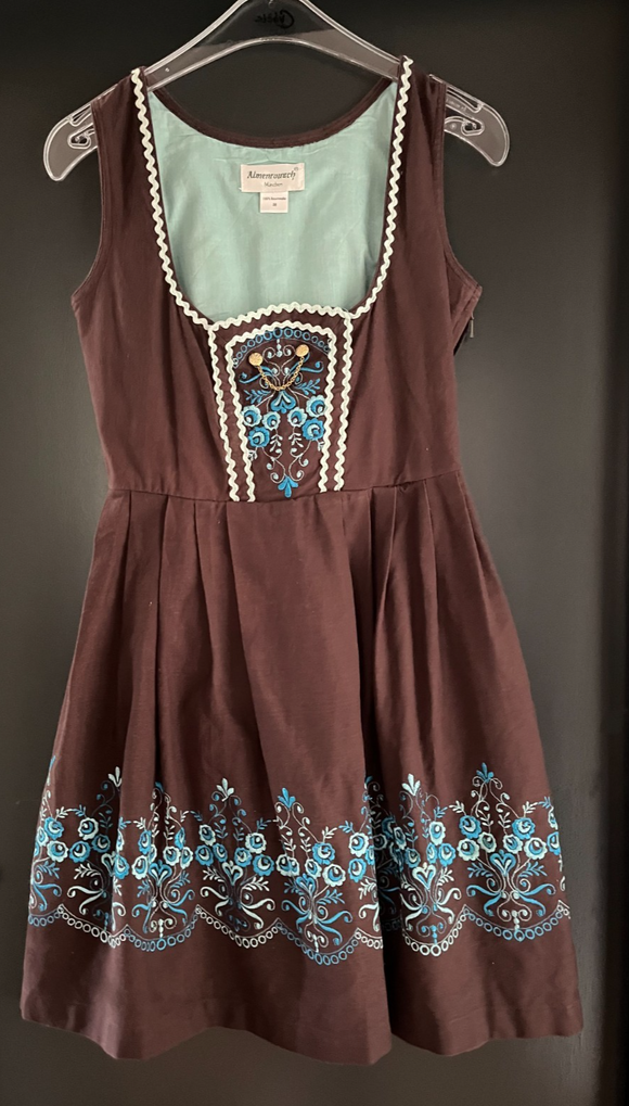 Damen Trachten Dirndl ärmellos Braun, Blau/Grüne Stickerei Gr. 38 v. Almenrausch