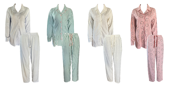 Damen Schlafanzug 2-Teilig Lang Baumwolle Hellblau Grün Weiß Rosa Gr. S M L