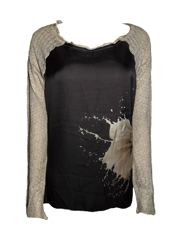Capuccino Damen Shirt Langarm Bluse Schwarz Beige Glitzer Gr. 38