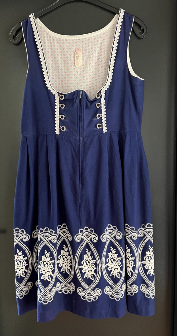 Damen Trachten Dirndl ärmellos blau, weiße Stickerei ca. Gr. 46 v. Rose-Dirndl