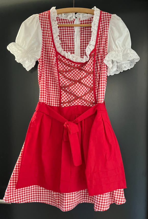 Damen Trachten Dirndl kurzarm Rot-Weiß kariert mit Schürze ca. Gr. 38