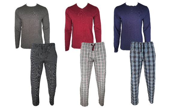 Herren Pyjama 2-Teilig Langarm Grau Rot Navy Baumwolle Gr. M L XL 2XL