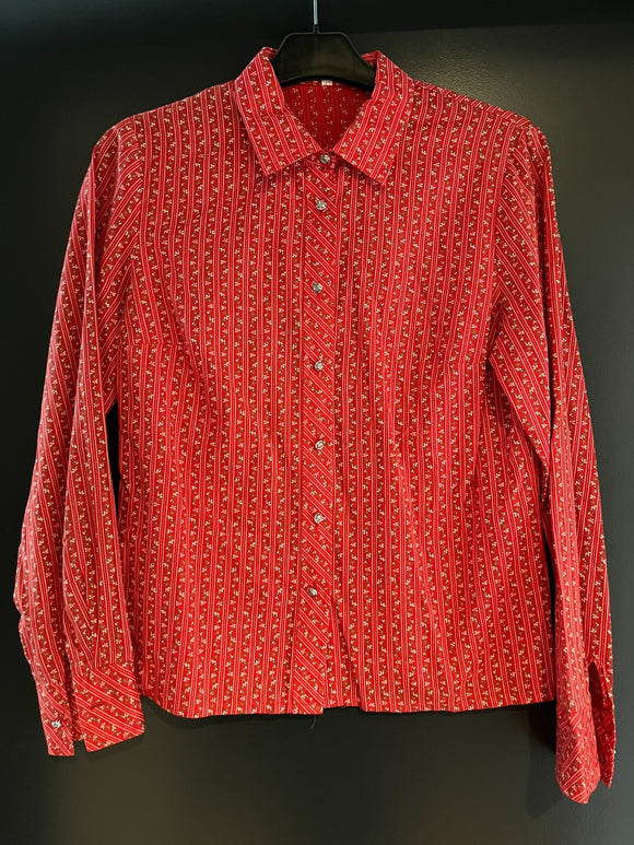 Damen Trachten Bluse/Hemd Rot-Weiß/Grün gemustert ca. Gr. 42