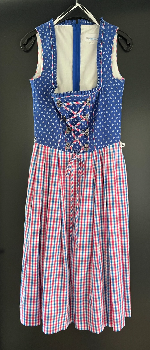 Damen Trachten Dirndl ärmellos blau weiß rot gemustert Gr. 32 v. Edel Herz