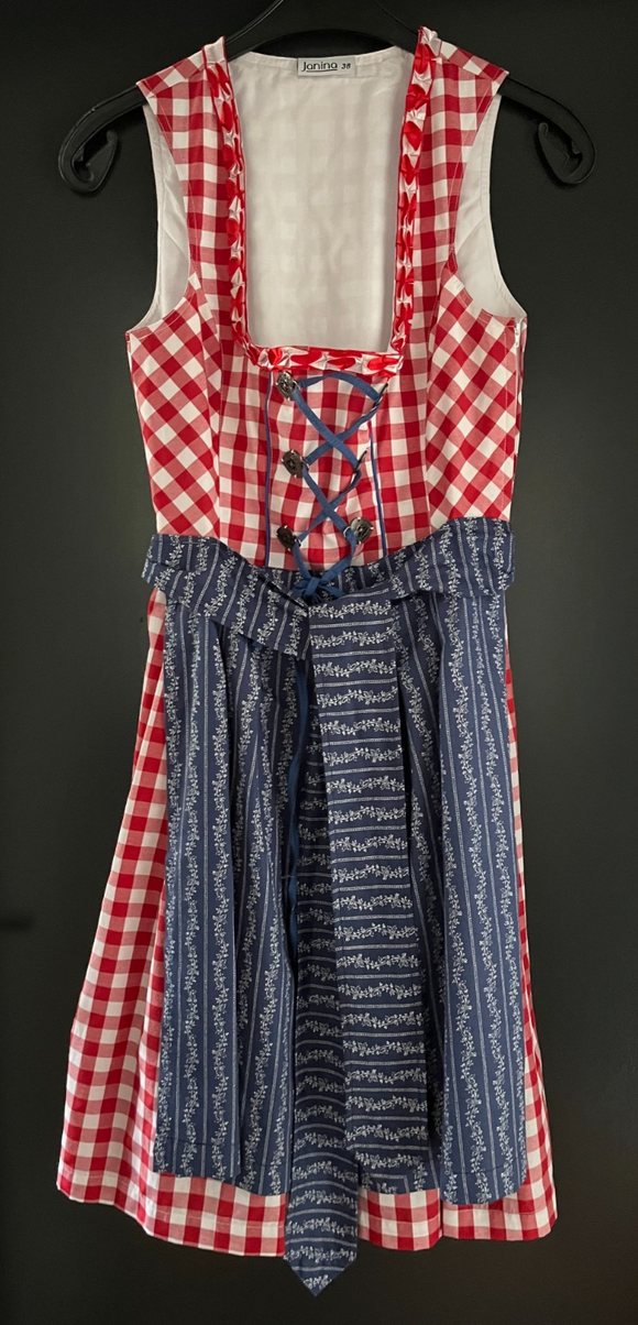 Damen Trachten Dirndl ärmellos rot-weiß kariert, blaue Schürze Gr. 38 v. Janina