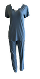 Damen Pyjama Schlafanzug mit Spitze Kurzarm Grau, Blau, Schwarz, Rosa Gr. S
