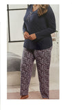 Damen Pyjama Schlafanzug Langarm Navy, Rosa Gr. 44