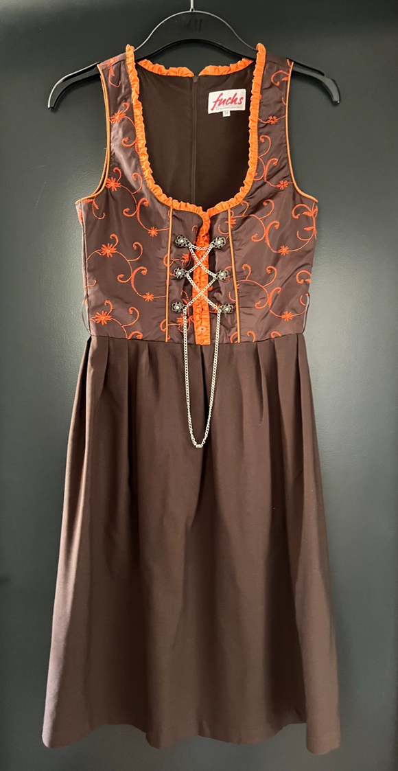 Damen Trachten Dirndl ärmellos Braun mit Oranger Stickerei ca. Gr. 34 v. Fuchs
