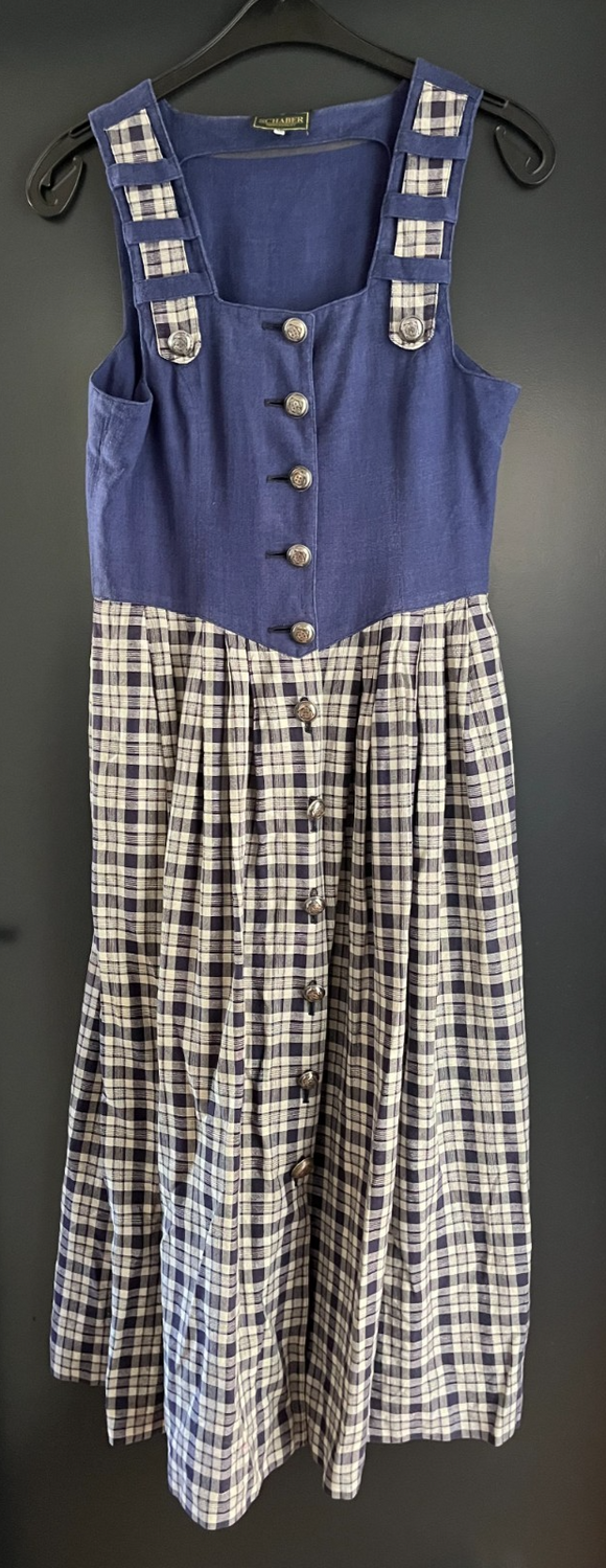 Damen Trachten Dirndl ärmellos Blau, grau gemustert ca. Gr. 40 v. Schaber