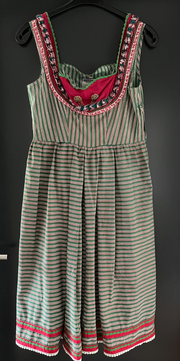 Damen Trachten Dirndl ärmellos Grün, Rot gemustert ca. Gr. 42 v. Kubbernuss