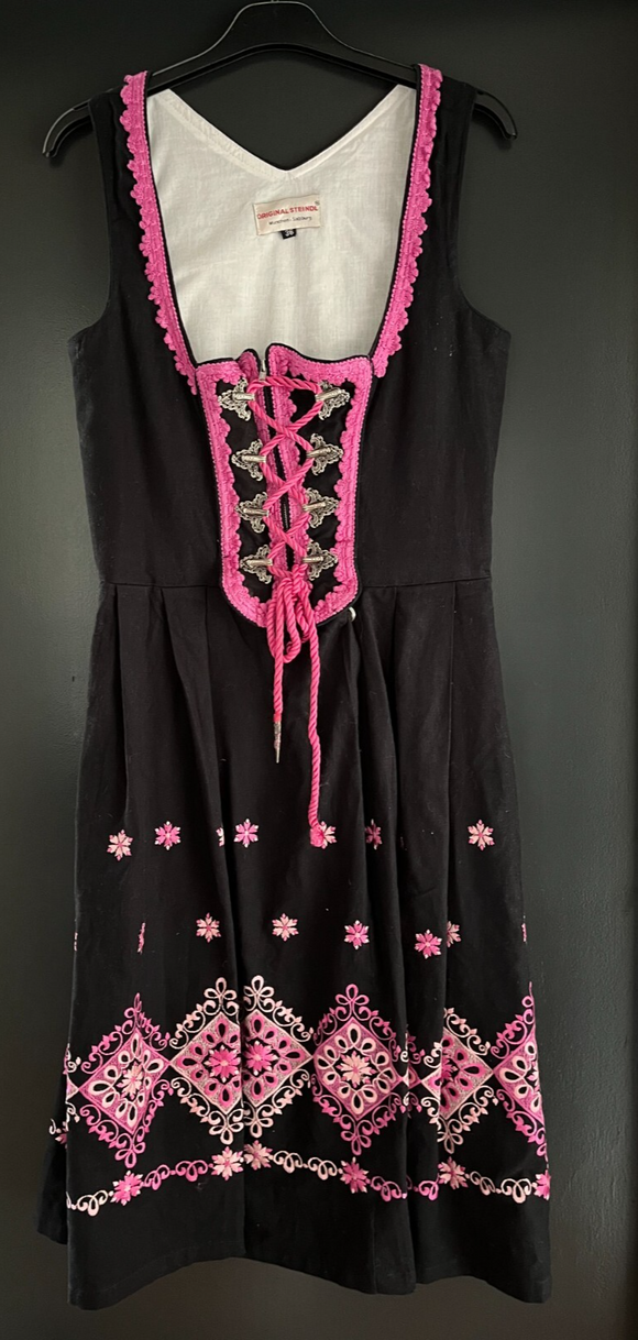 Damen Trachten Dirndl ärmellos Schwarz Rosa Stickerei ca. Gr. 36 v. Steindl