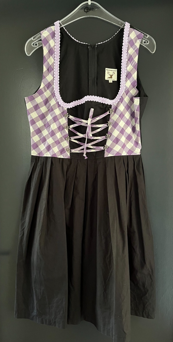 Damen Trachten Dirndl ärmellos Schwarz, lila-weiß gemustert Gr. 40 v. Rose