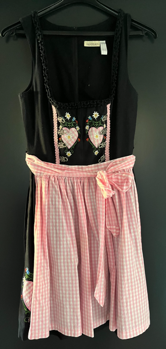 Damen Trachten Dirndl ärmellos Schwarz mit Schürze Rosa-Weiß ca. Gr. 32 v. C&A