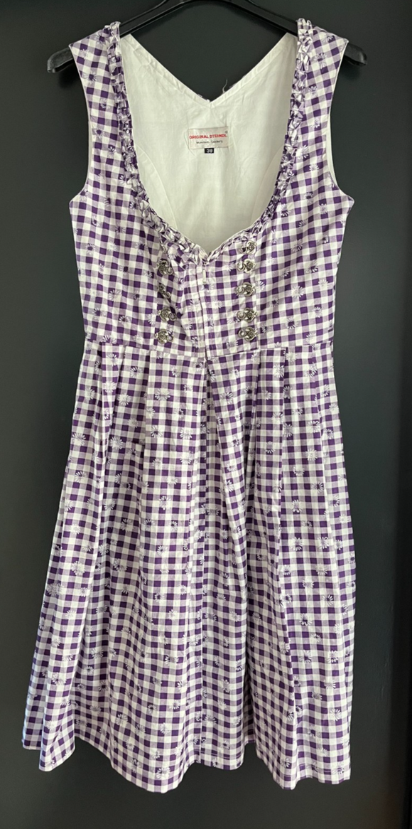 Damen Trachten Dirndl ärmellos weiß lila kariert mit Blumen Gr. 38 v. Steindl
