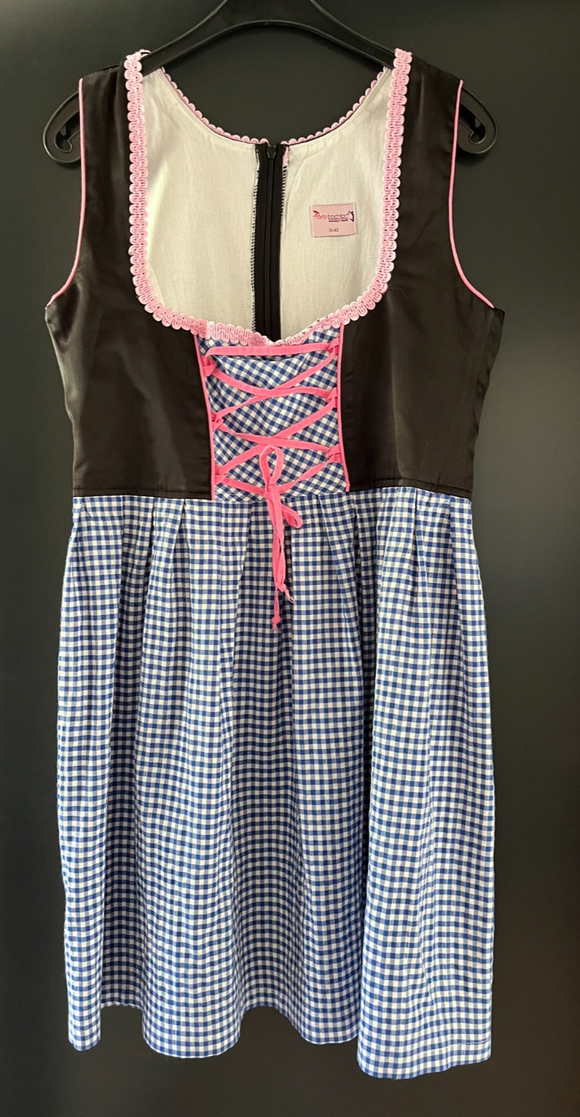Damen Trachten Dirndl ärmellos Schwarz, Blau-weiß gemustert ca. Gr. 42 v. Rose