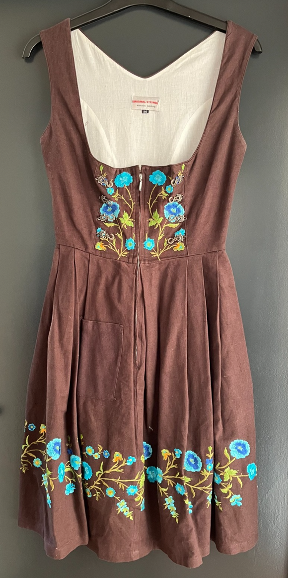 Damen Trachten Dirndl ärmellos braun mit Stickerei ca. Gr. 36 v. Steindl