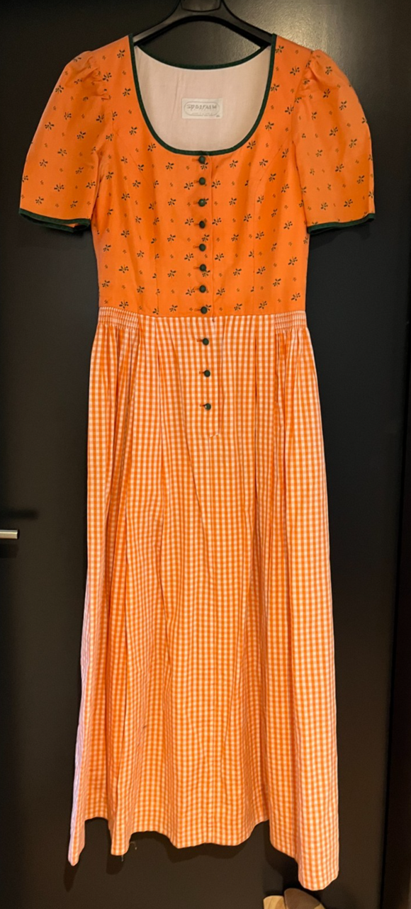 Damen Trachten Dirndl kurzarm Orange, Grün, Weiß gemustert Gr. 36 v. Sportalm