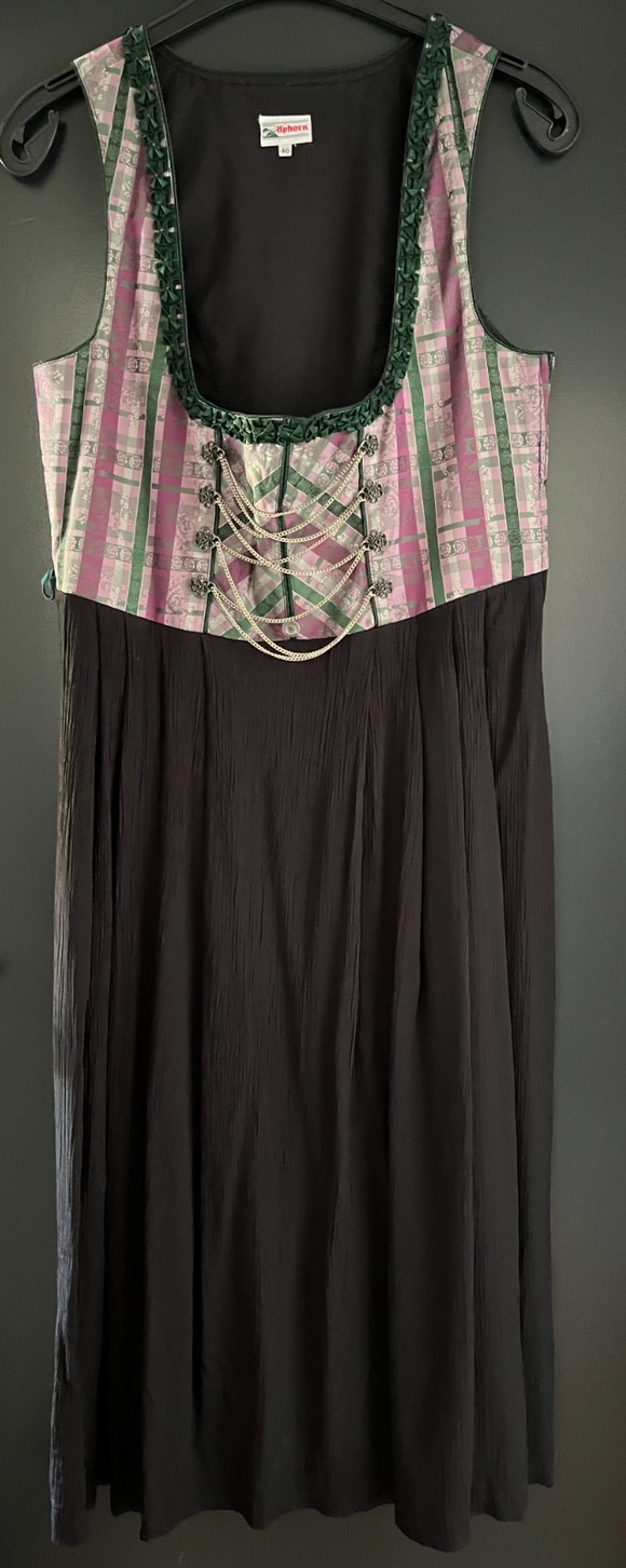 Damen Trachten Dirndl ärmellos Schwarz, Grün-Lila gemustert Gr. 46 v. Alphorn