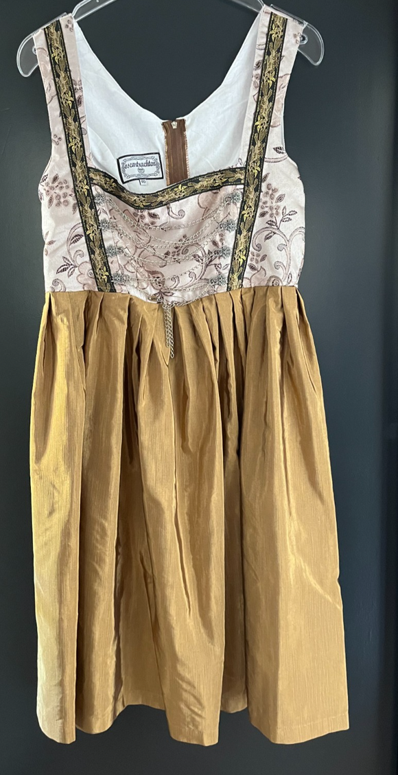 Damen Trachten Dirndl ärmellos Rosa, Gold gemustert Gr. 40 v. Oscartrachten