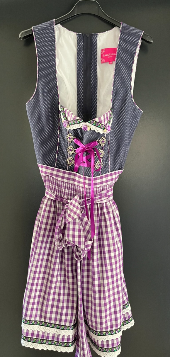 Damen Trachten Dirndl ärmellos blau-weiß gemustert mit Schürze Gr. 36 v. Krüger