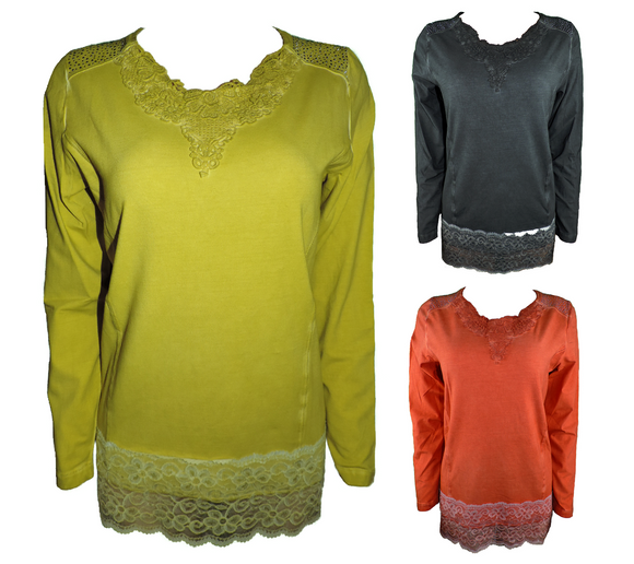 Capuccino Damen Shirt Langarm Grün Grau Orange Spitze Strasssteine Gr. 38