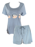 Damen Shorty-Pyjama Schlafanzug Kurz Blau Gelb Baumwolle Gr. S M L