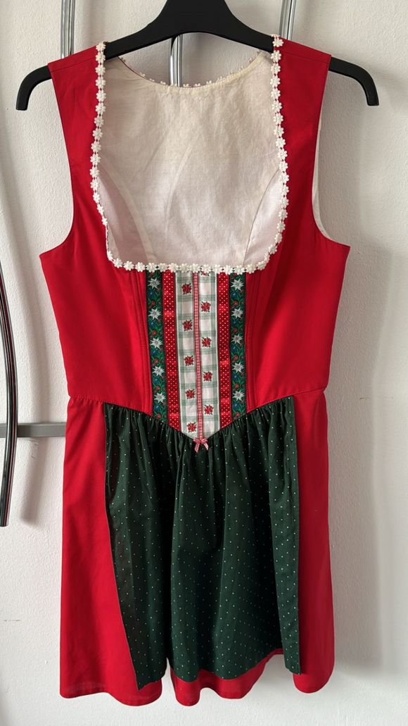 Damen Trachten Dirndl ärmellos rot grün m. angenähter Schürze Gr. 36