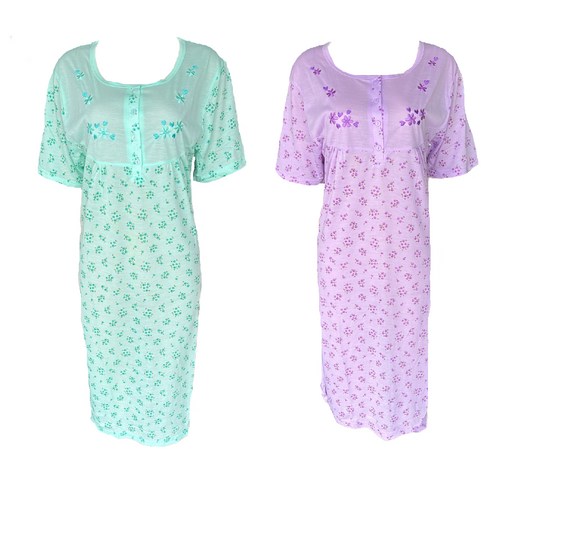 Damen Nachthemd Kurzarm mit Blumenmuster Grün, Lila Gr. M, L, XL, 2XL