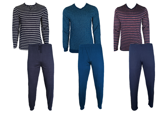 Herren Pyjama 2-Teilig Langarm Navy/Weiß Blau Navy/Rot Baumwolle Gr. M