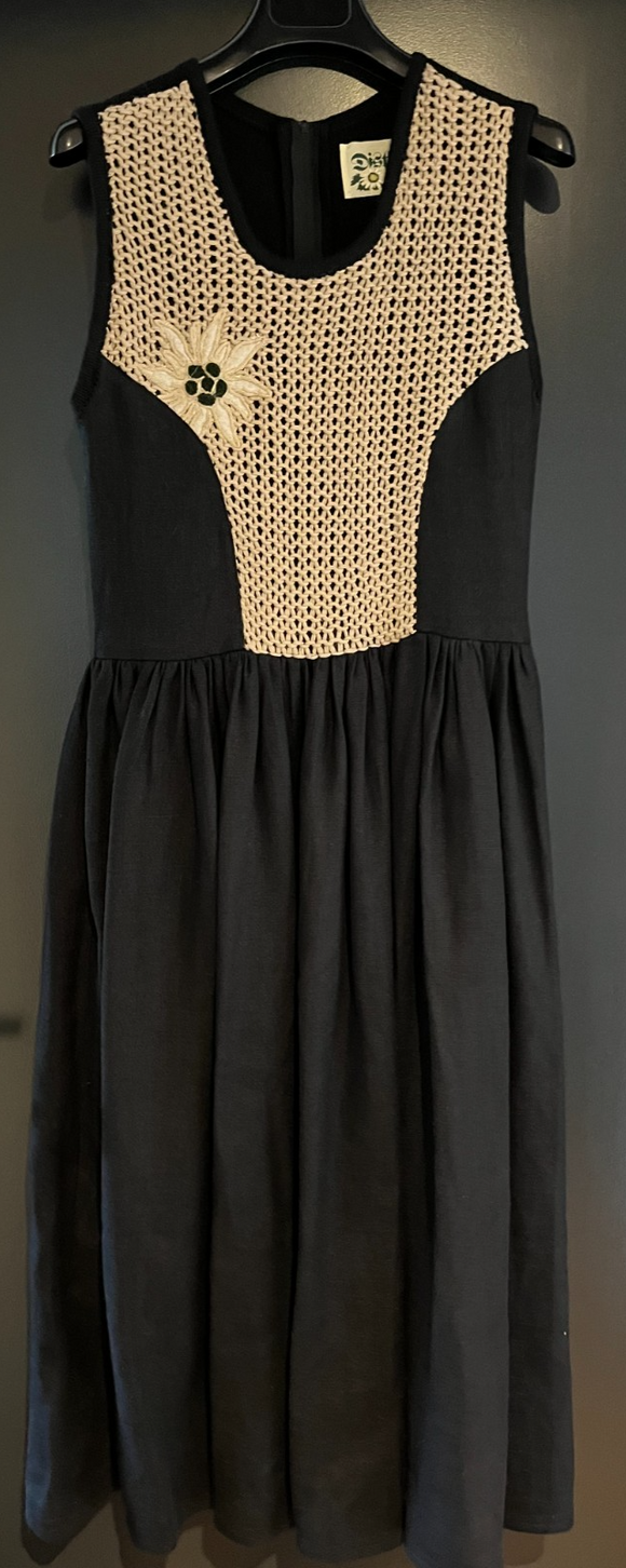 Damen Trachten Dirndl ärmellos Schwarz, Braune Strickerei ca. Gr. 36 v. Distler