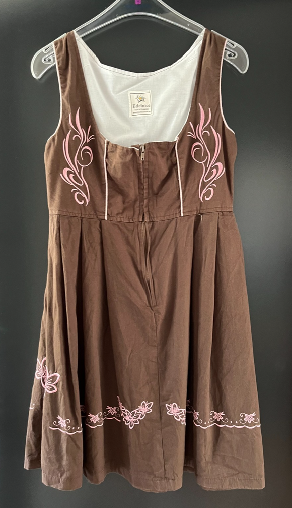 Damen Trachten Dirndl ärmellos Braun, rosa Stickerei ca. Gr. 34 v. Edelnice