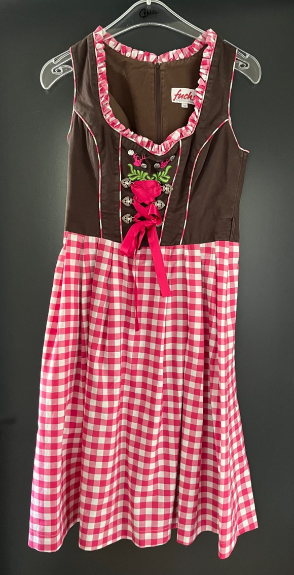 Damen Trachten Dirndl ärmellos Braun, Rosa-Weiß gemustert ca. Gr. 36 v. Fuchs
