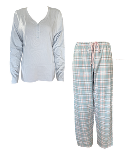 Damen Flanell-Schlafanzug 2-Teilig Langarm Weinrot Hellblau Rosa Grau Gr. M L XL