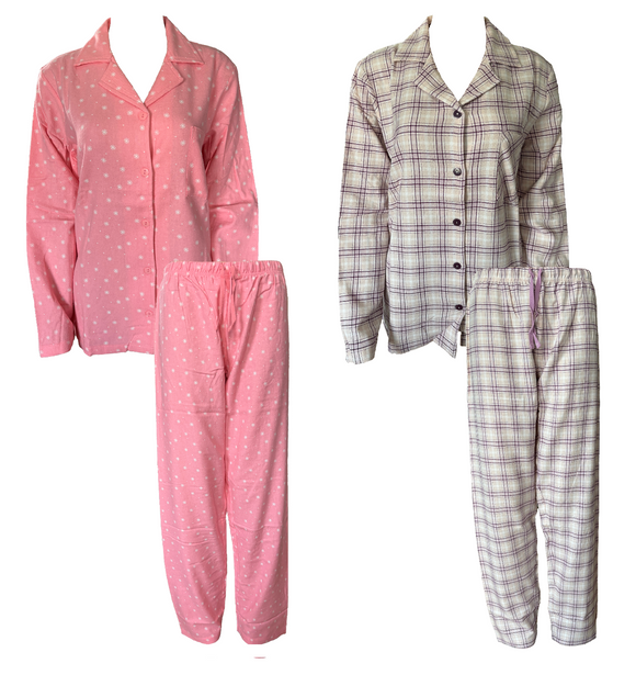 Damen Flanell-Pyjama Schlafanzug Lang Rosa Lila Gr. 36/38