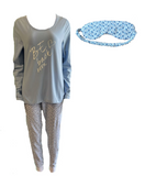 Damen Pyjama mit Schlafmaske Langarm Blau, Grau, Weiß Gr. S