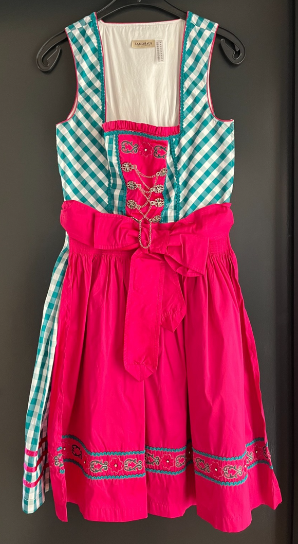 Damen Trachten Dirndl ärmellos grün-weiß gemustert mit Rosa Schürze ca. Gr. 36