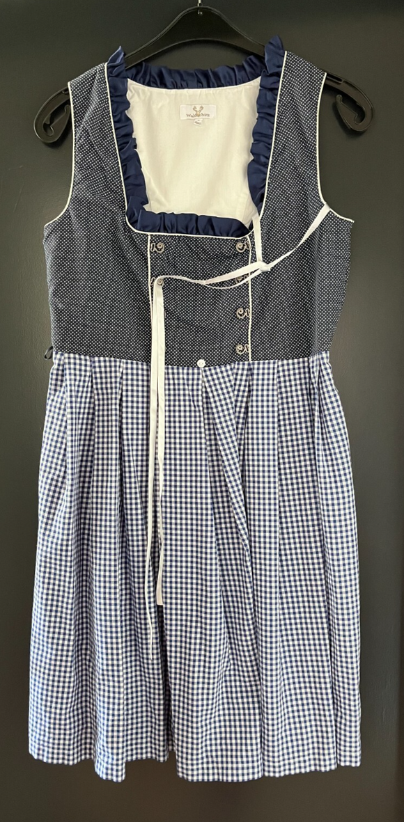 Damen Trachten Dirndl ärmellos blau, weiß gemustert Gr. 40/42 v. Waldschütz