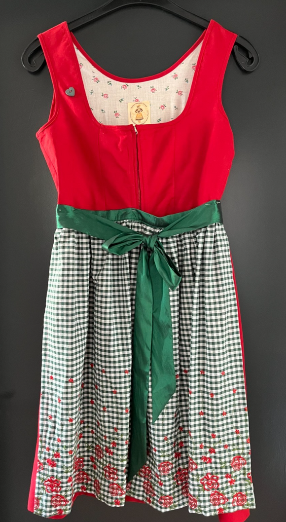 Damen Trachten Dirndl ärmellos Rot mit Schürze Weiß-Grün ca. Gr. 40 v. Riehl