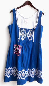 Damen Trachten Dirndl ärmellos blau m. Stickerei ca. Gr. 46 v. Rose Dirndl