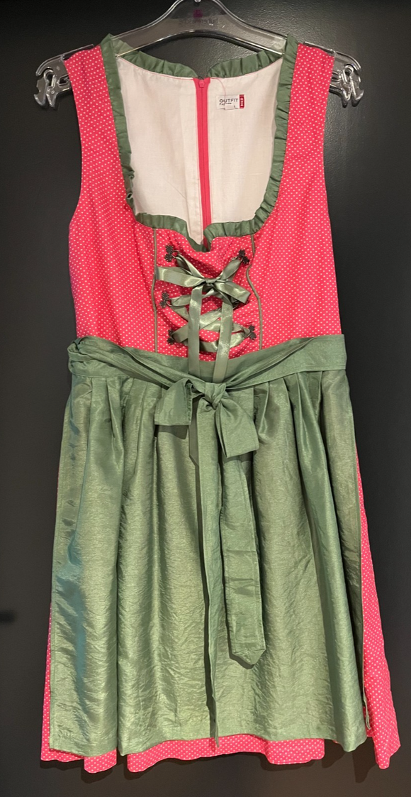 Damen Trachten Dirndl ärmellos Rosa gepunktet mit grüner Schürze ca. Gr. 42