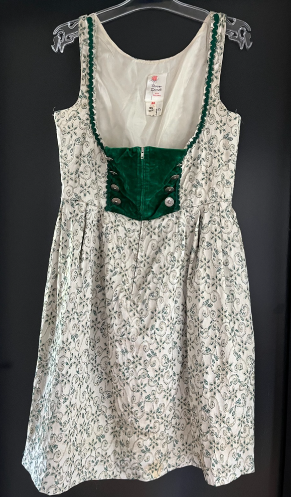 Damen Trachten Dirndl ärmellos Creme, Grün gemustert ca. Gr. 44 v. Rose-Dirndl
