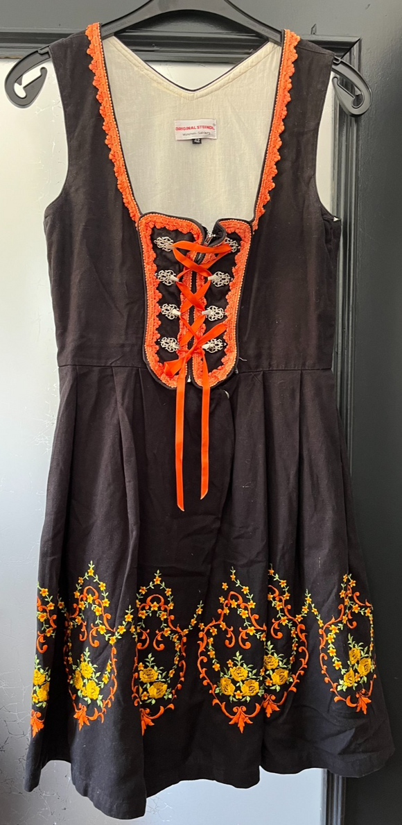 Damen Trachten Dirndl ärmellos Schwarz, Orange Stickerei Gr. 42 v. Steindl