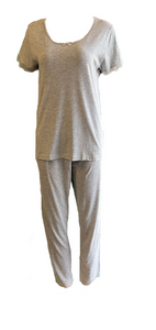 Damen Pyjama Schlafanzug mit Spitze Kurzarm Grau, Blau, Schwarz, Rosa Gr. S