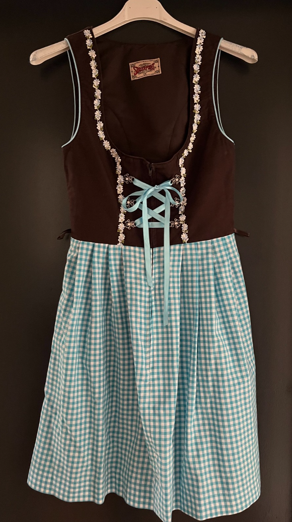 Damen Trachten Dirndl ärmellos braun, blau-weiß kariert Gr. 34 v. Stockerpoint